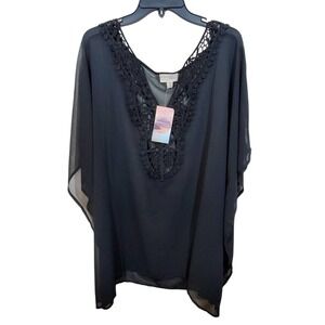 Beach boho crocheted lace sheer swim suit coverup Flowy Kaftan Top Blouse 2X New
